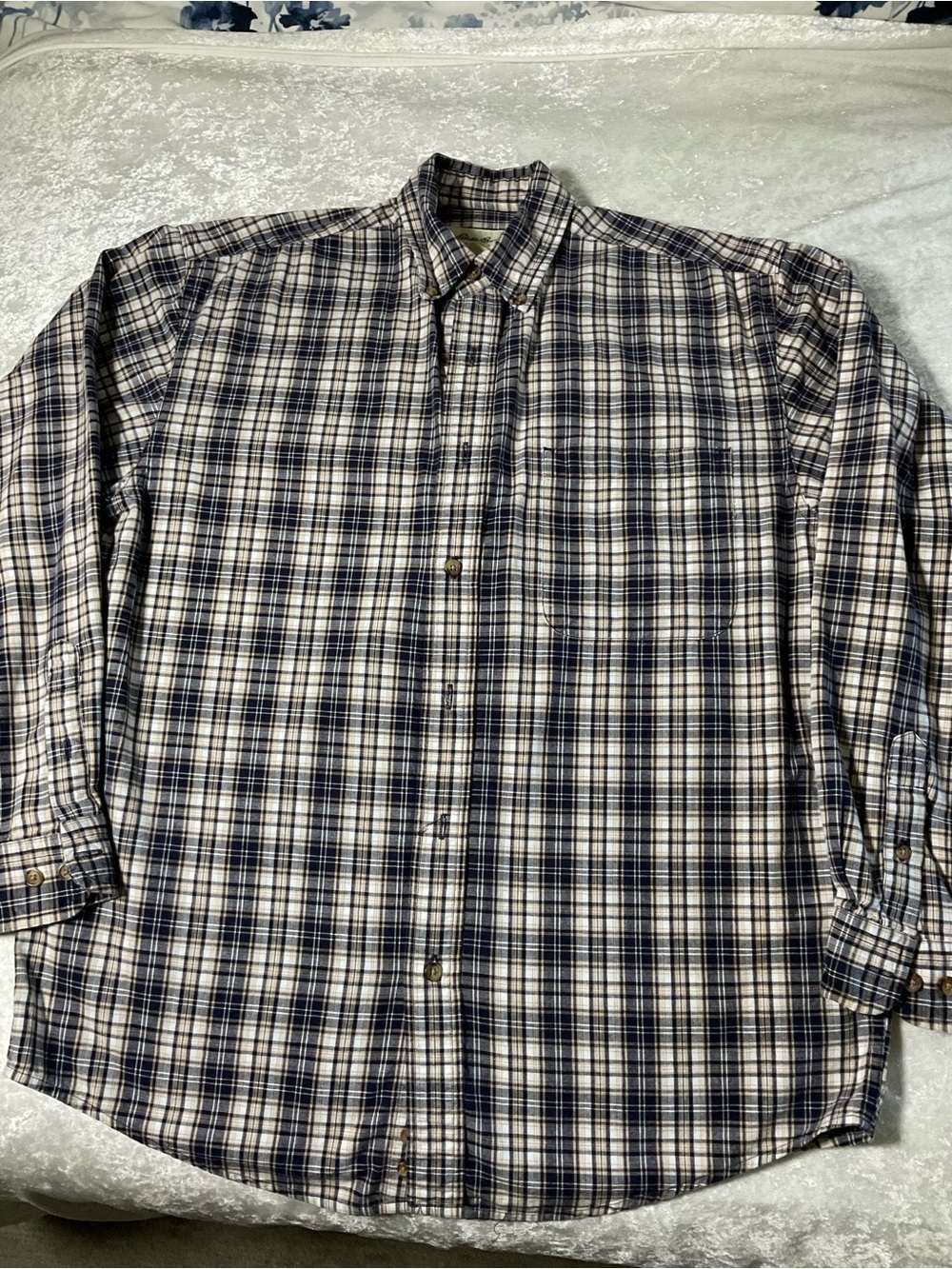 Eddie Bauer Navy and White Plaid Button-Down Shirt Y2K Cotton